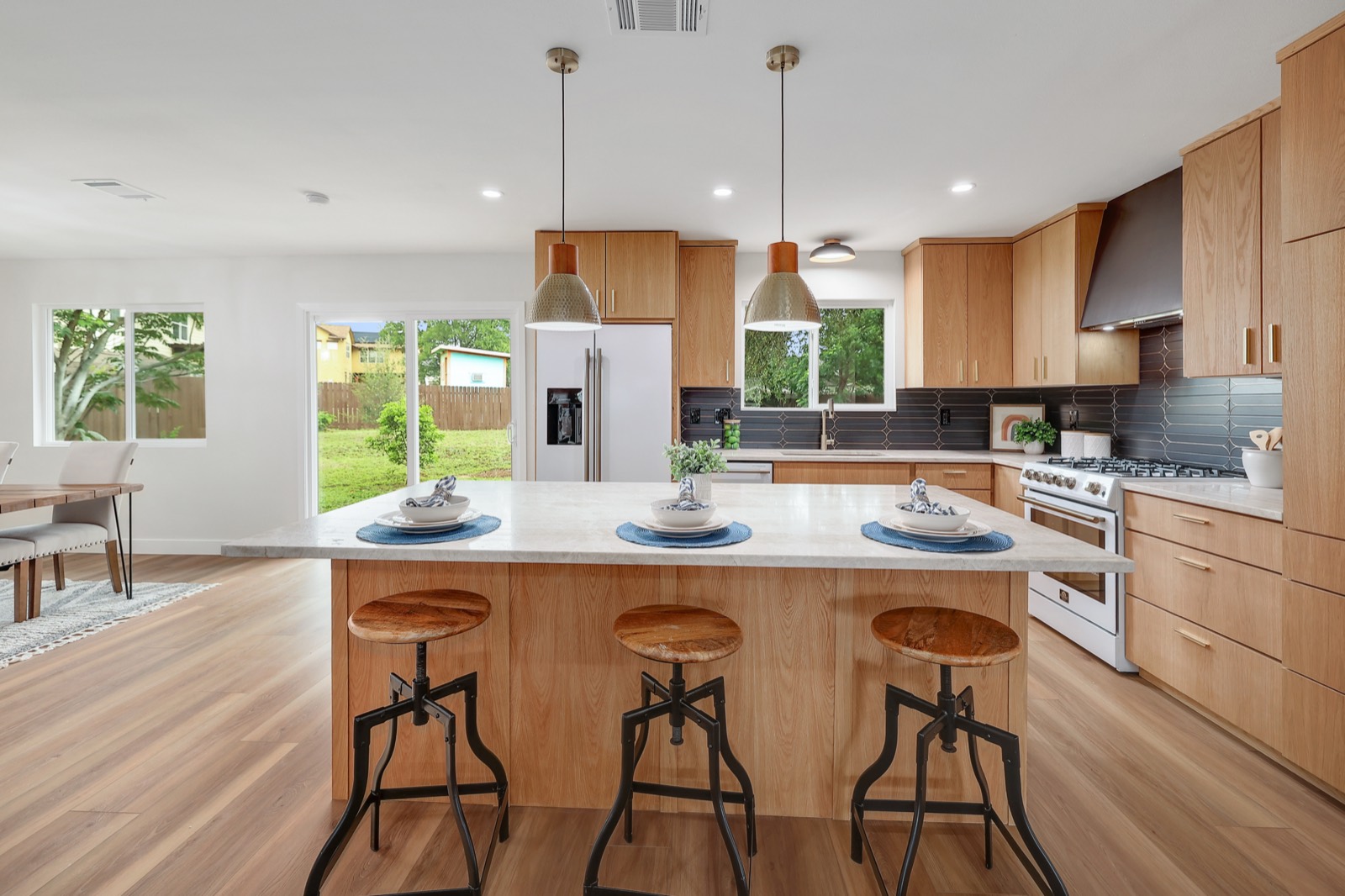 Staged kitchen island and bar